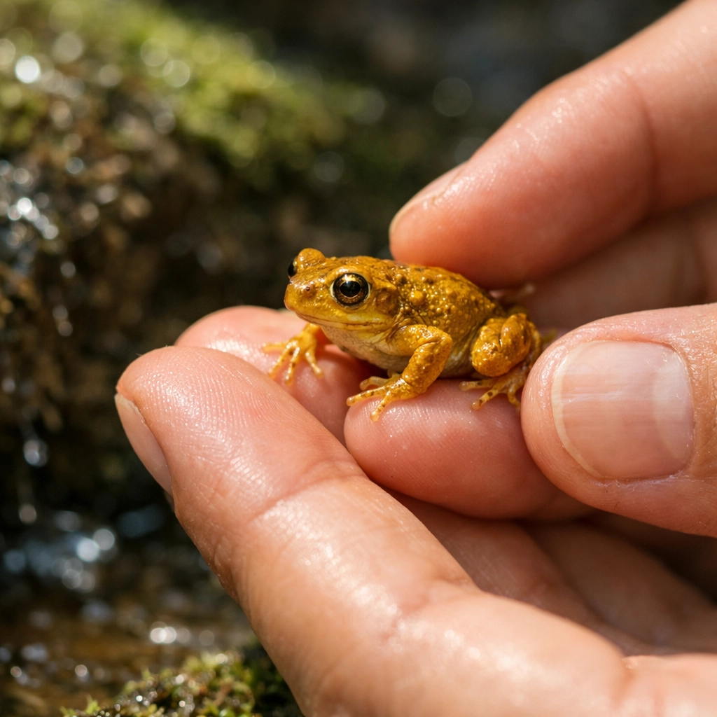 Conservation biologist holding endangered Kihansi spray toad in natural habitat for species spotlight