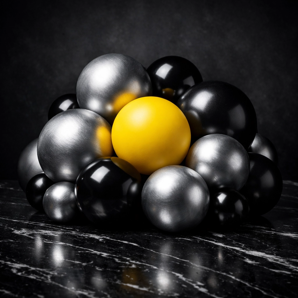 Abstract black and yellow spheres symbolizing team unity and executive strength in a high-end presentation deck.