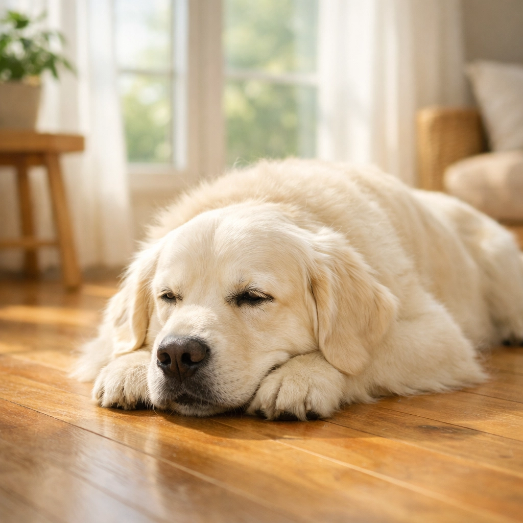 English Cream Golden Retriever resting peacefully showing calm therapy dog temperament