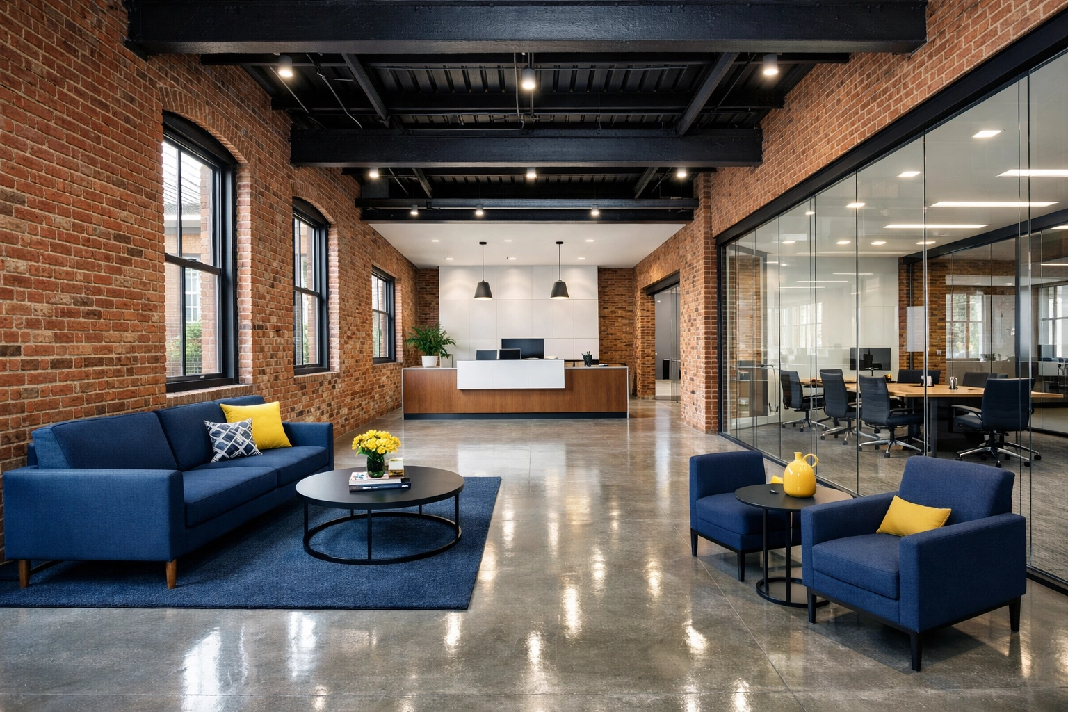 Clean modern office lobby in Lynn MA with spotless glass partitions and polished concrete floors.