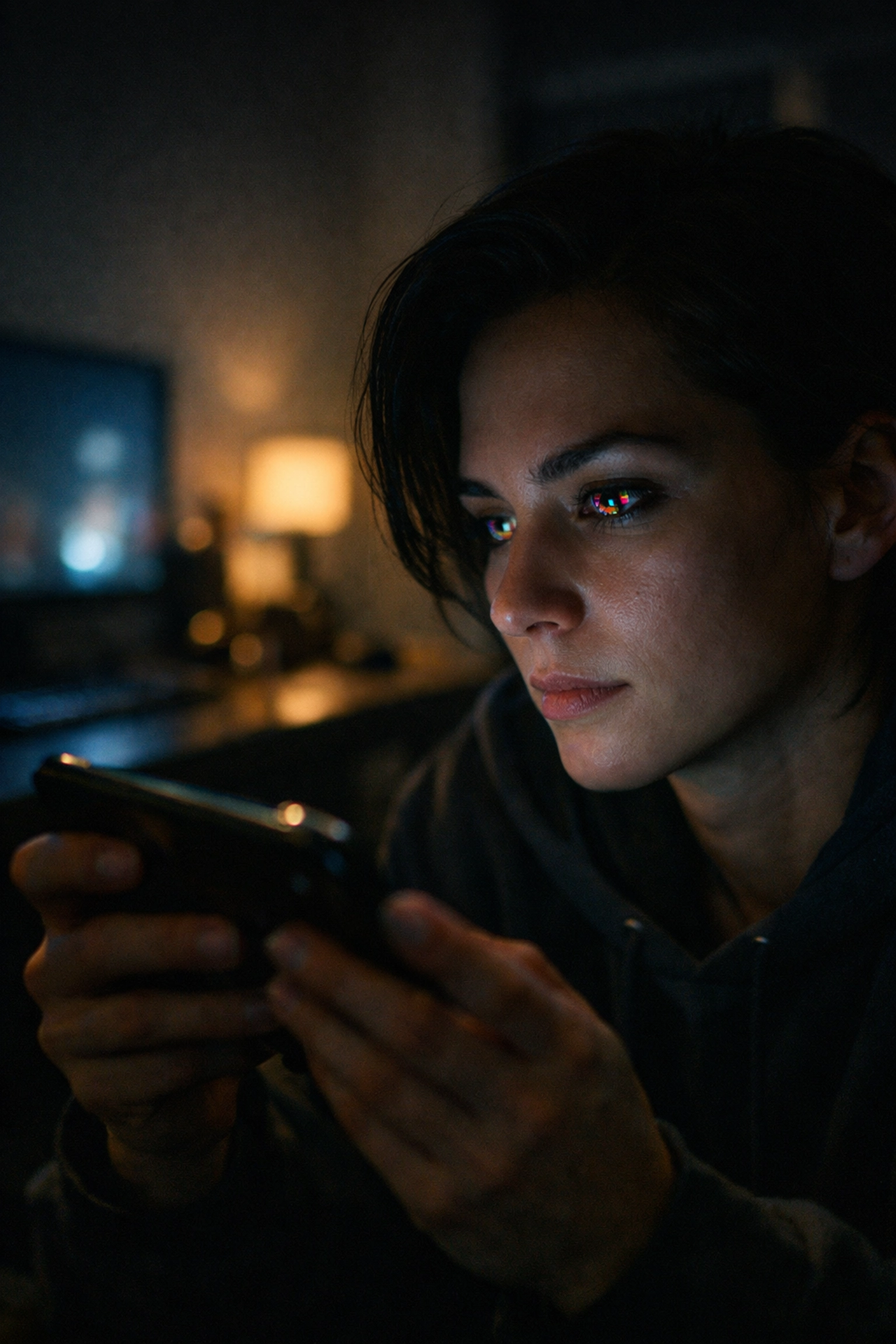 A person immersed in a TikTok video, illustrating high user engagement and content completion rates.