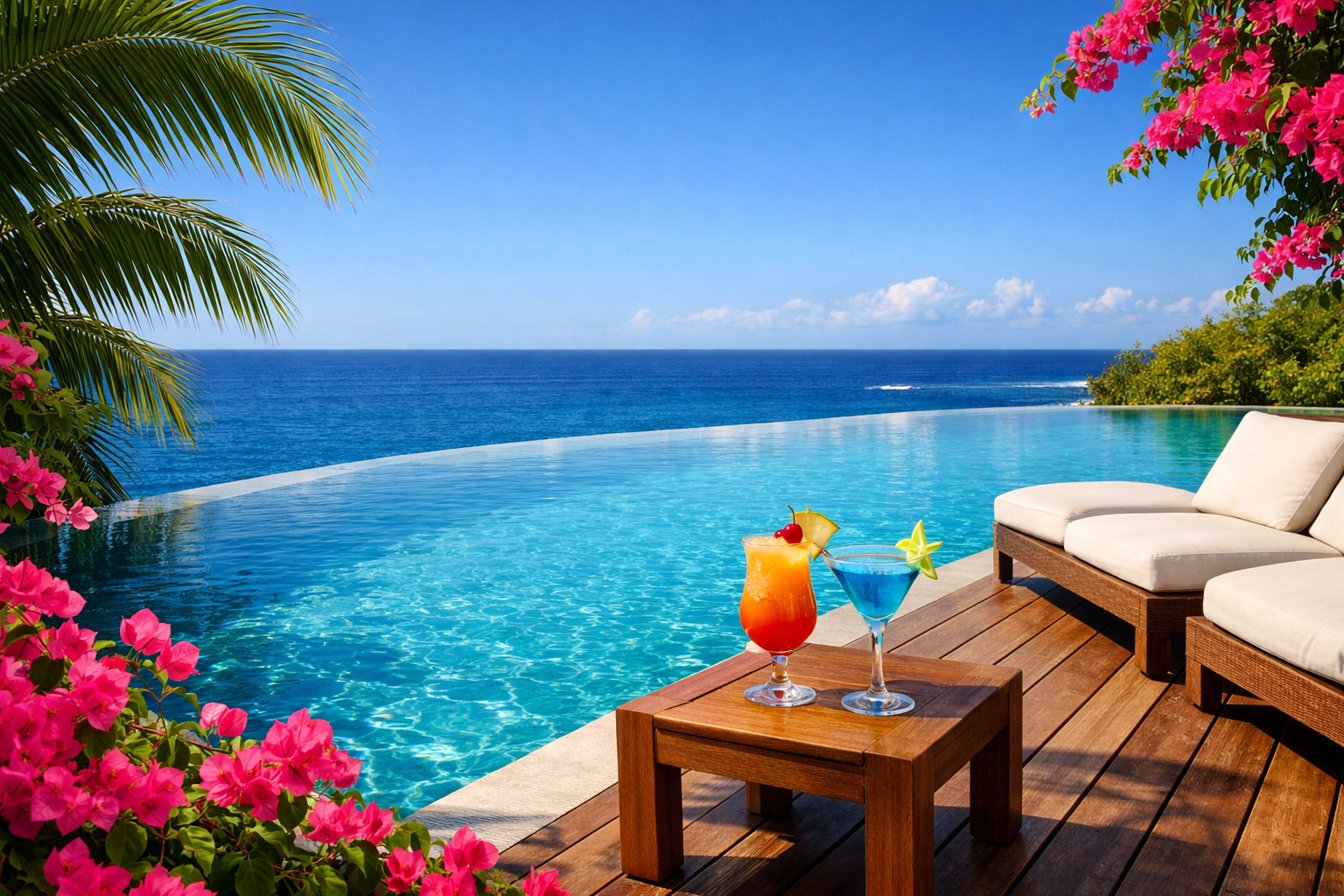 Luxury tropical resort infinity pool overlooking the Caribbean Sea with cocktails on a wooden deck.