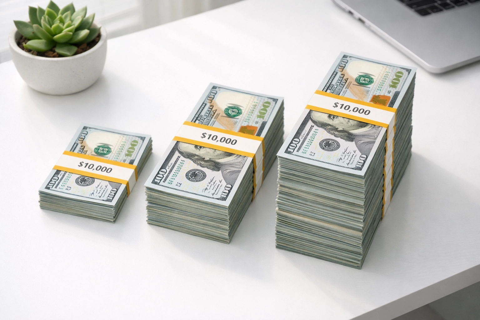 Three money stacks showing different loan costs for real estate investors
