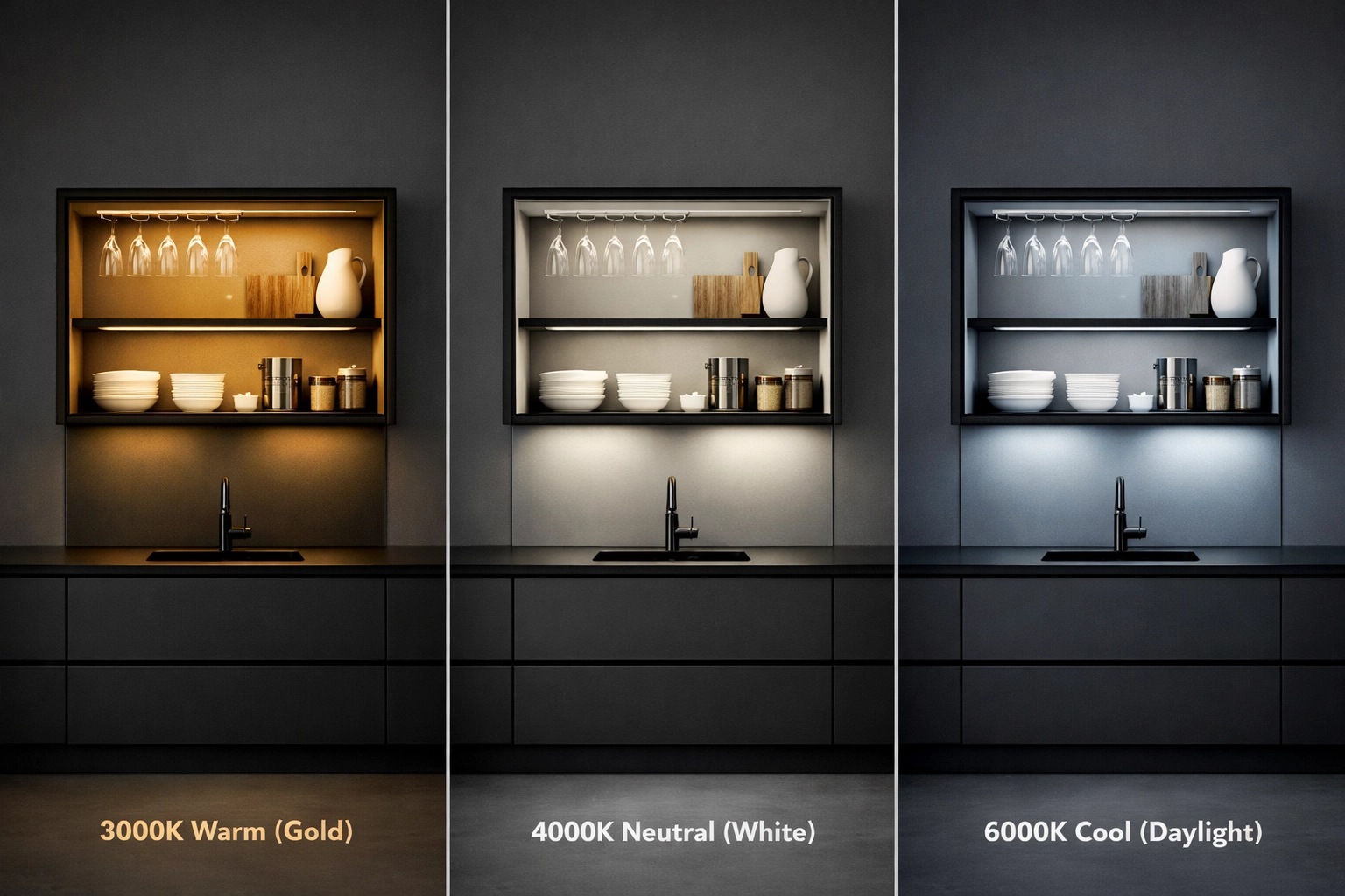 Comparison of warm, neutral, and cool LED color temperatures in modern kitchen cabinet design.
