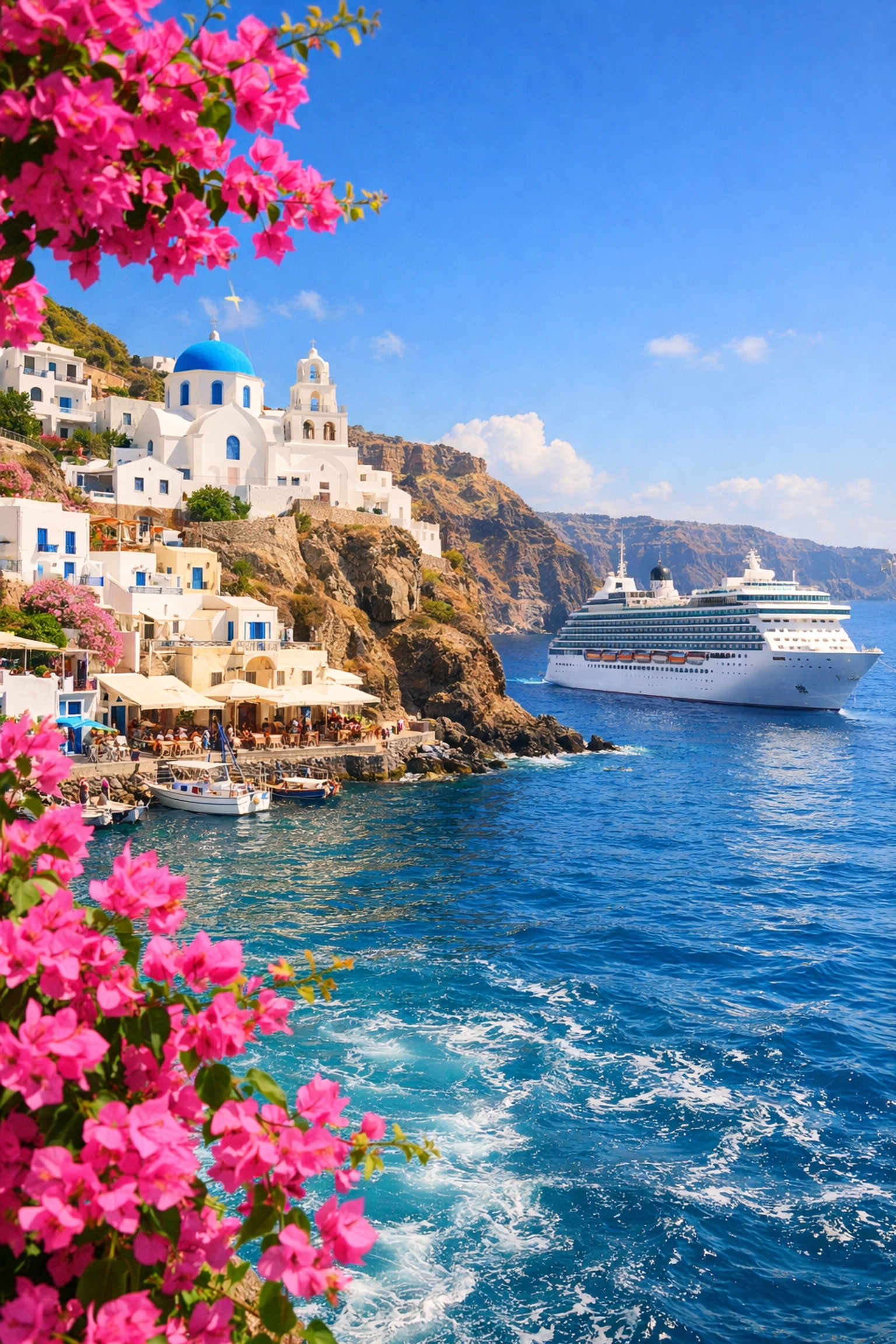 A beautiful Mediterranean cruise destination with white-washed buildings and clear water.