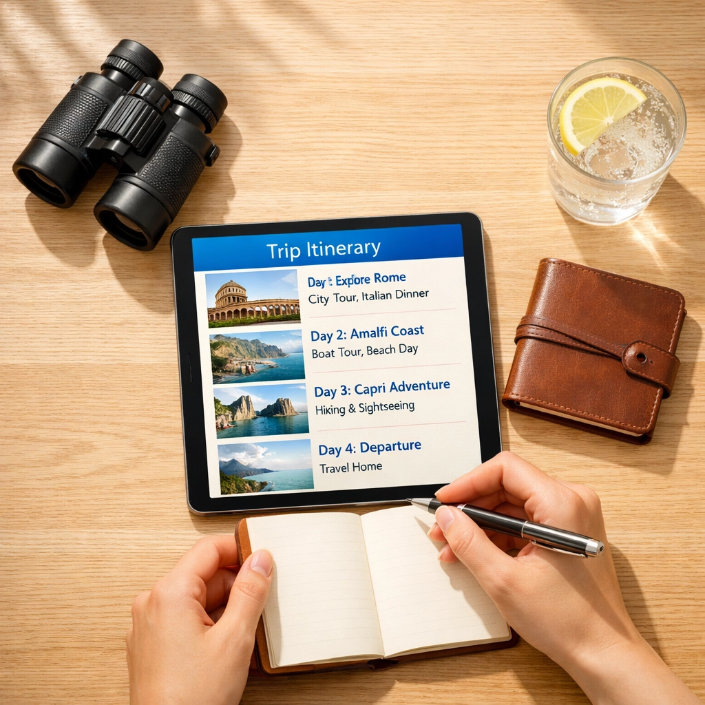 Planning a safe international trip with a detailed itinerary and travel insurance documents.