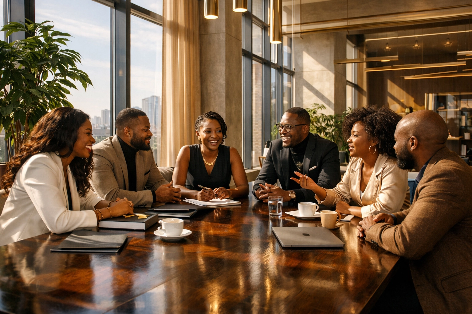 Black professionals collaborating in a modern office, symbolizing economic synergy and community growth.
