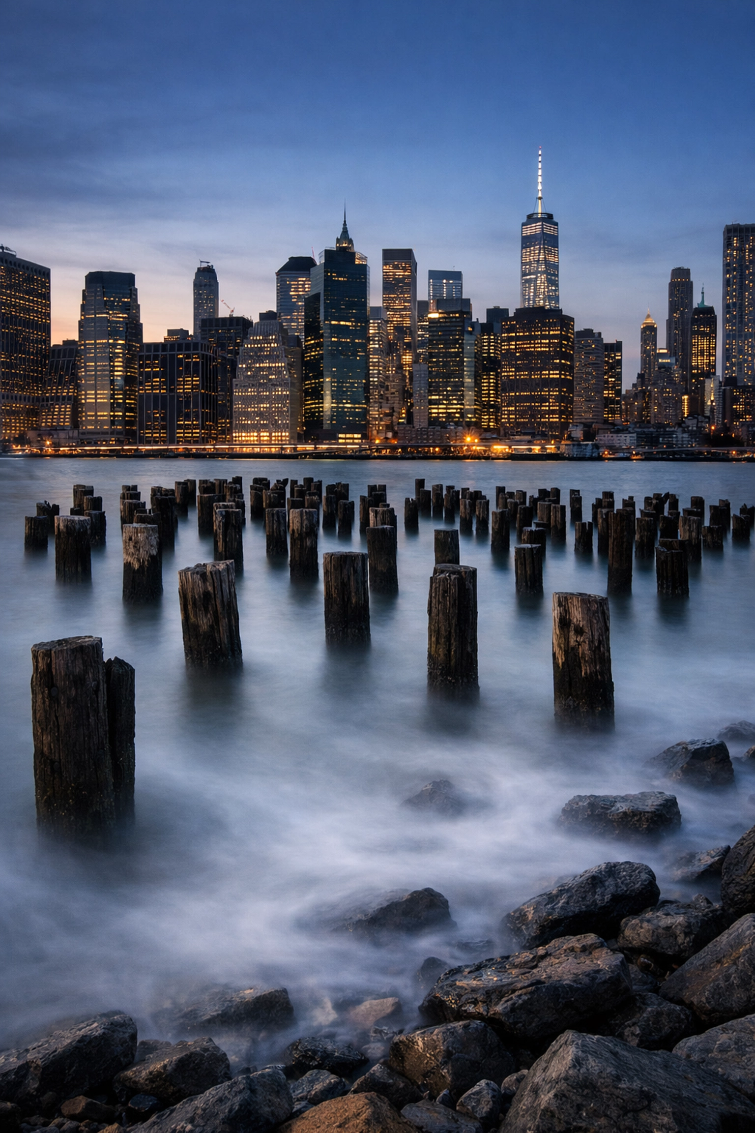 Pebble Beach DUMBO skyline at blue hour, iconic New York City photography location