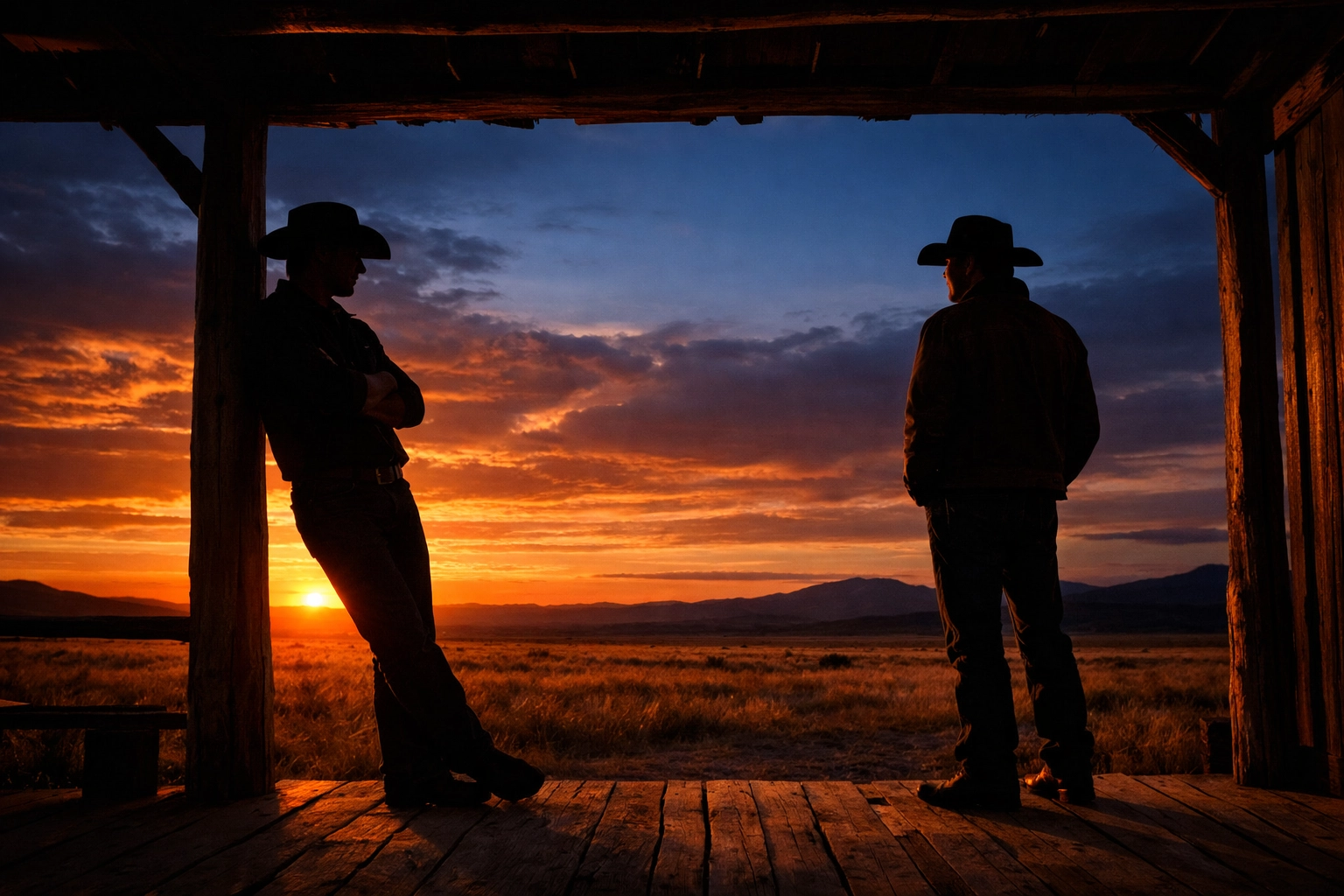 Two cowboys stand apart at sunset showing emotional distance in Brokeback Mountain gay love story