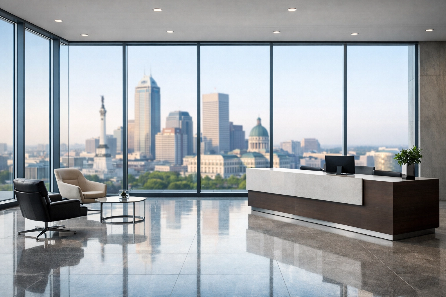 Clean modern corporate lobby in downtown Indianapolis with polished stone floors and large windows.