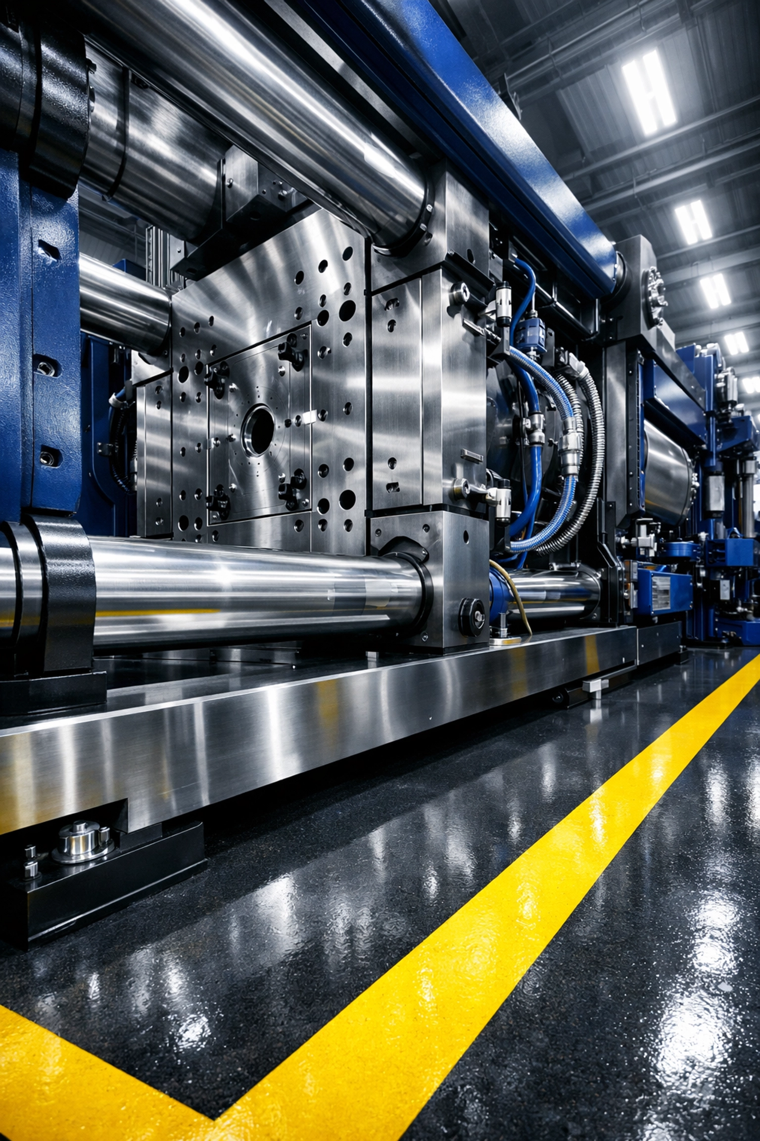 Degreased injection molding machine base on a polished epoxy floor with industrial safety yellow borders.