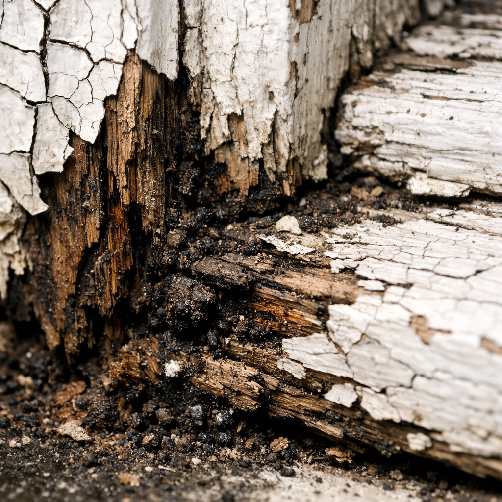 Rotted wood window sill with peeling paint and visible water damage in a Toronto house.