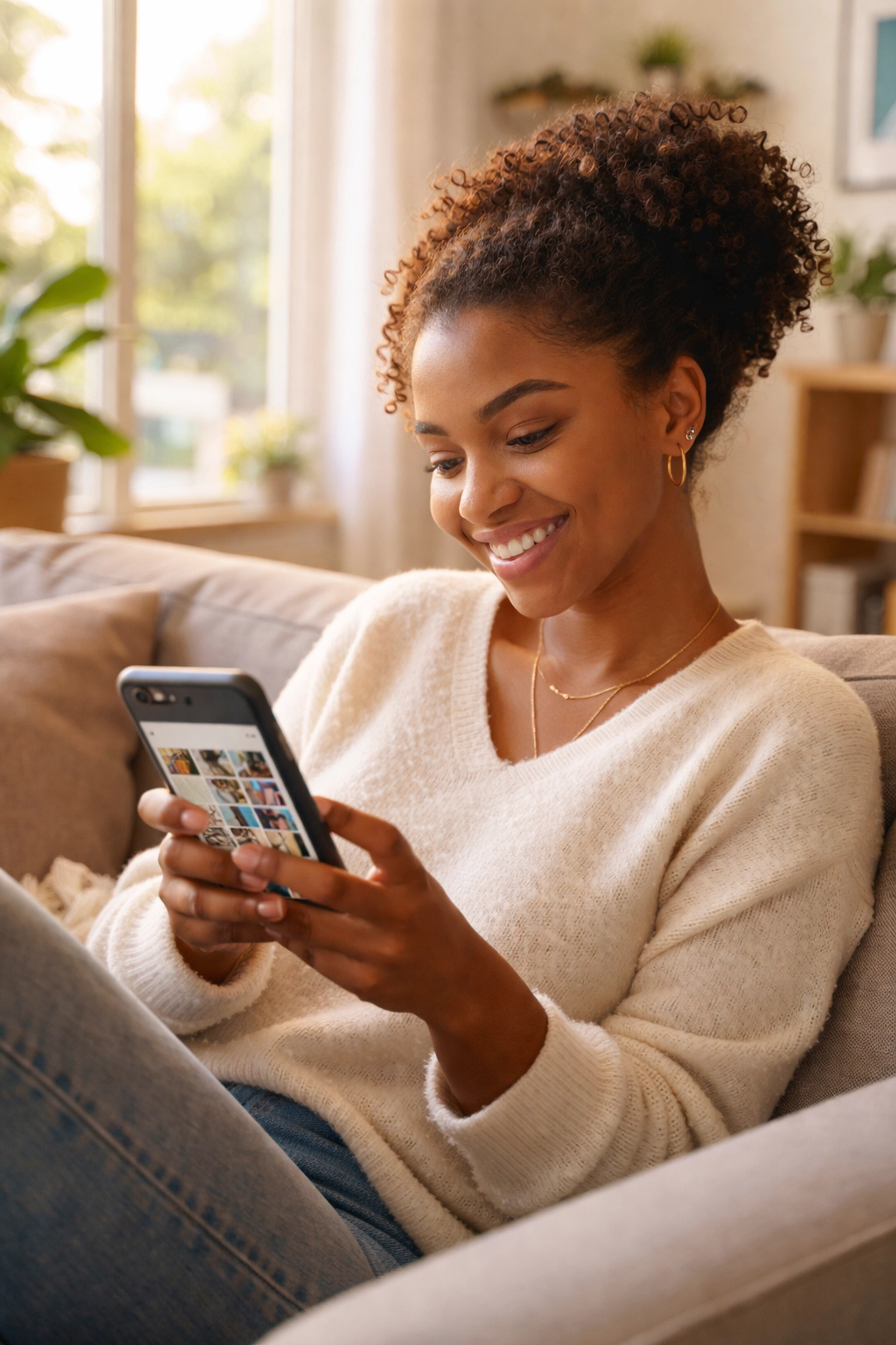 Young woman smiles on sofa as her smartphone uses AI to organize digital photos automatically