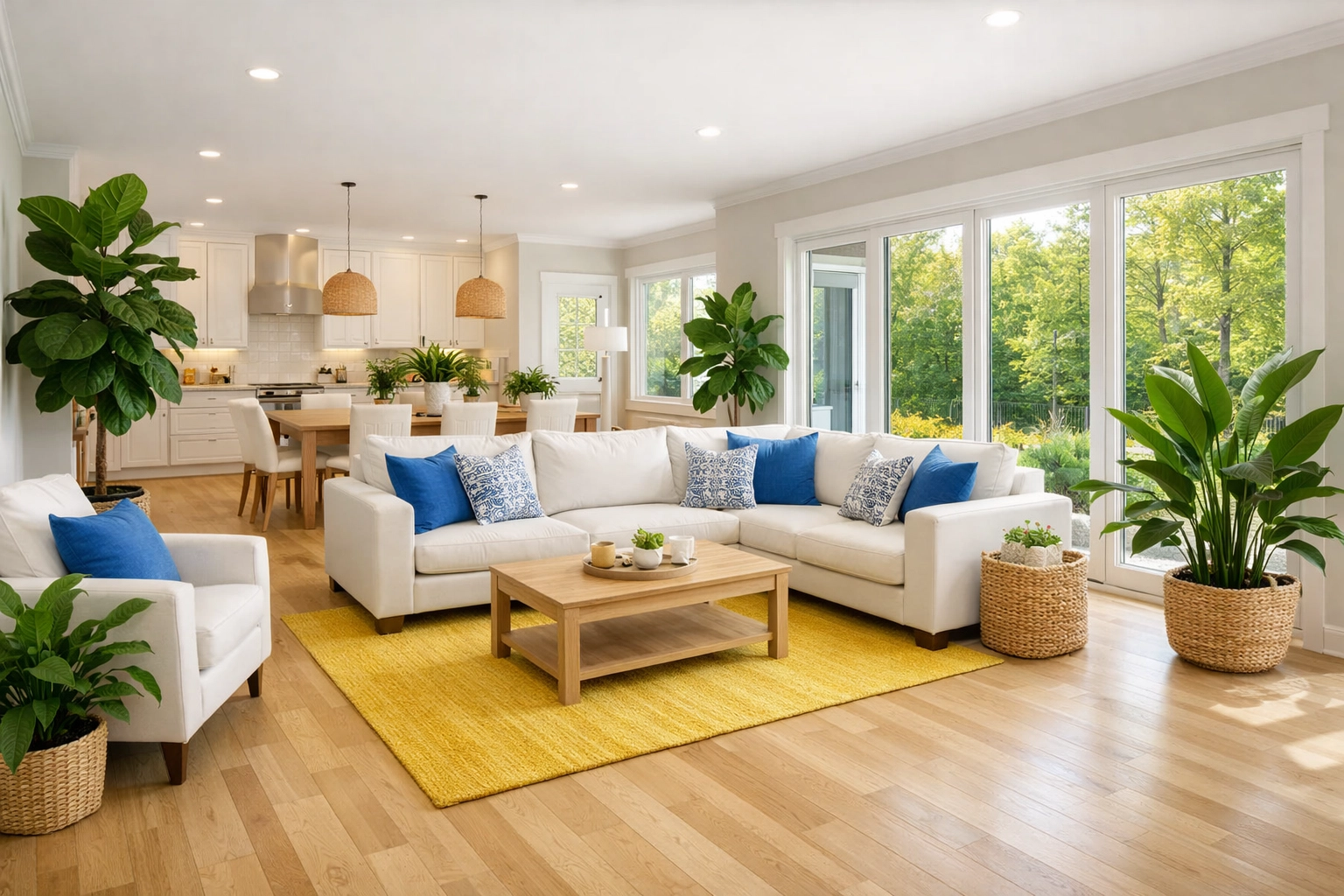 Sun-drenched Framingham living room showing the results of eco-friendly deep cleaning services.