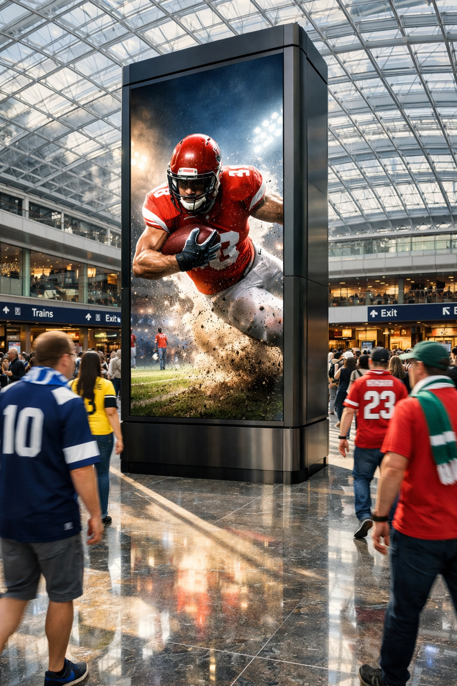 Digital sports advertising screen in a busy transit hub targeting fans during their travel journey.