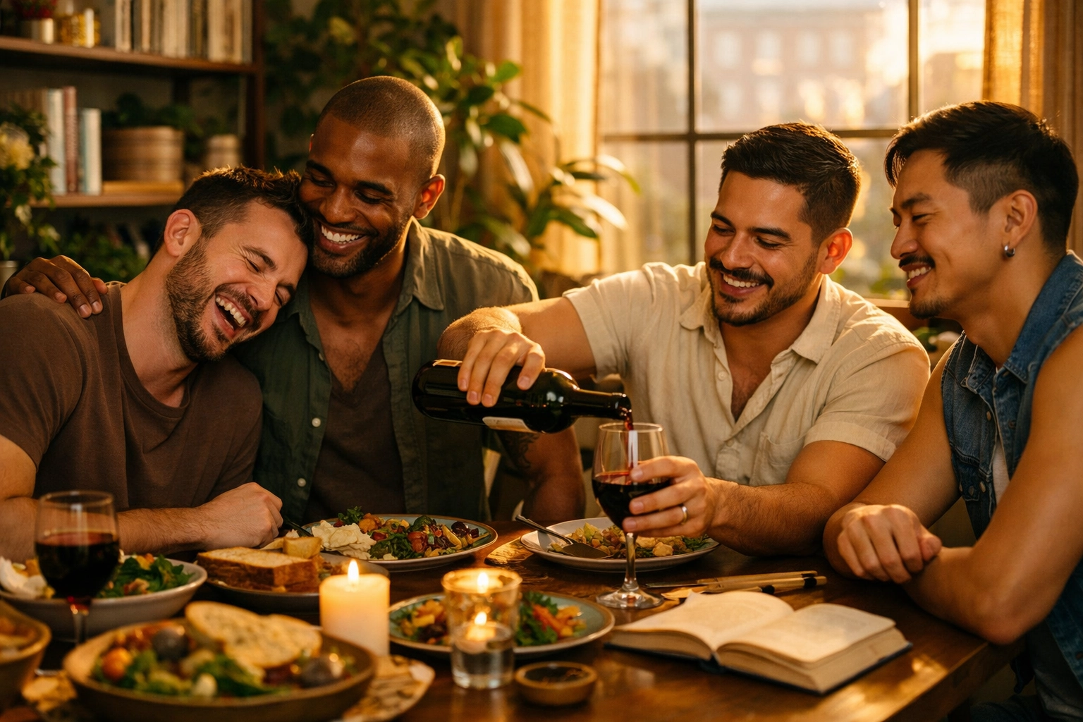 A joyful found family of gay men sharing a meal in a sunlit home, a key theme in queer fiction and MM romance.