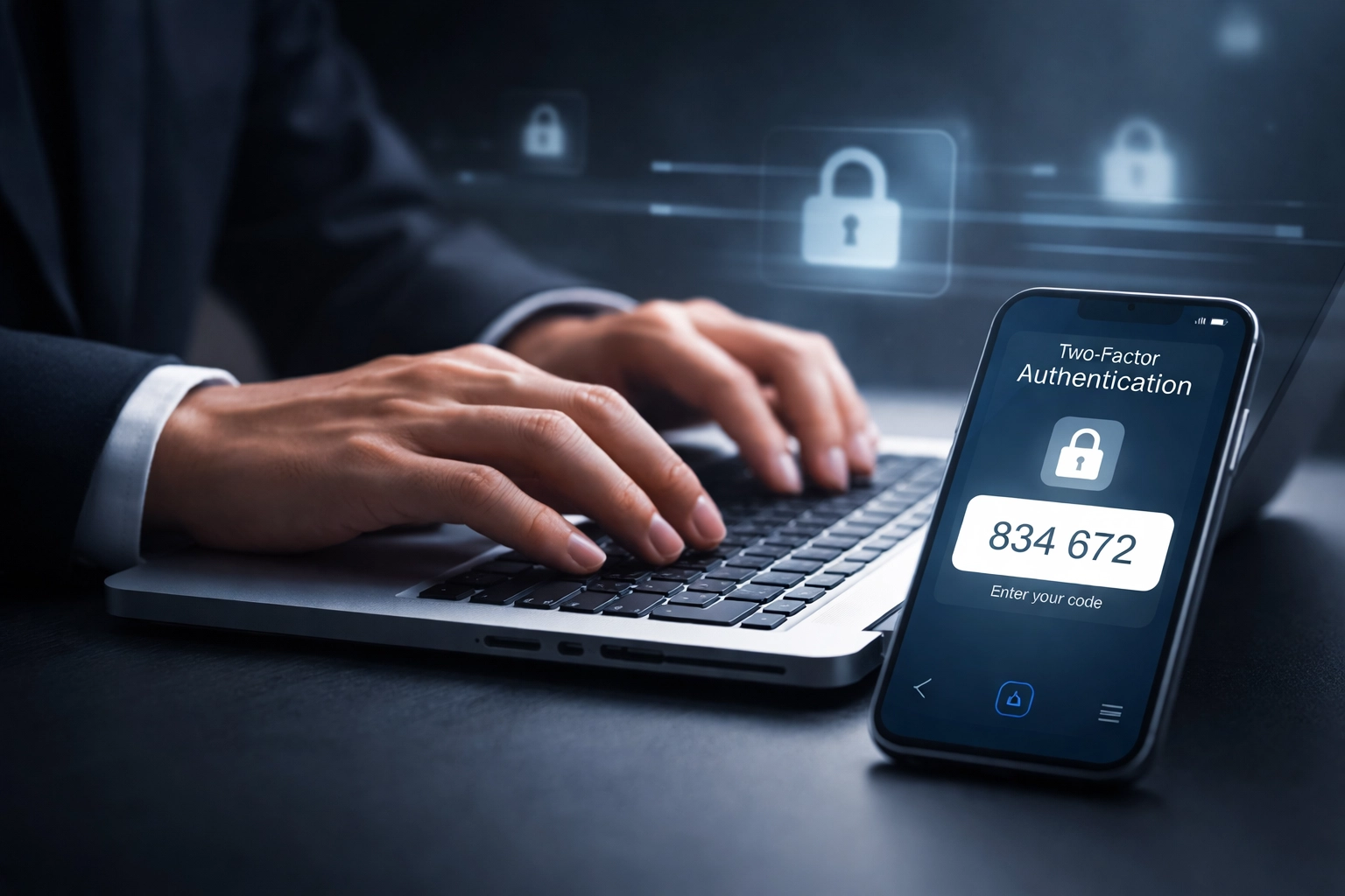 Hands using laptop and phone for two-factor authentication, highlighting business cybersecurity layers