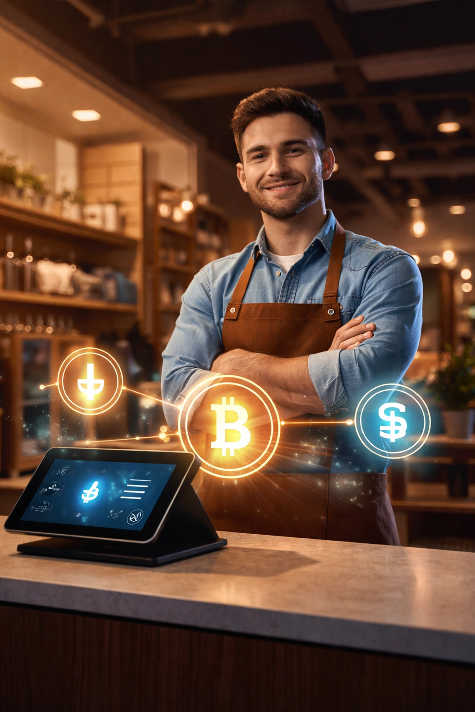 Small business owner using a crypto POS system in a modern boutique, showcasing Web3 payment options.