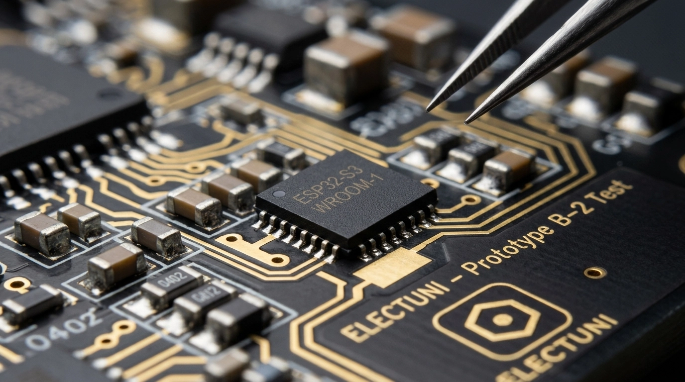 Macro photography of an ESP32-S3 module on a matte black PCB