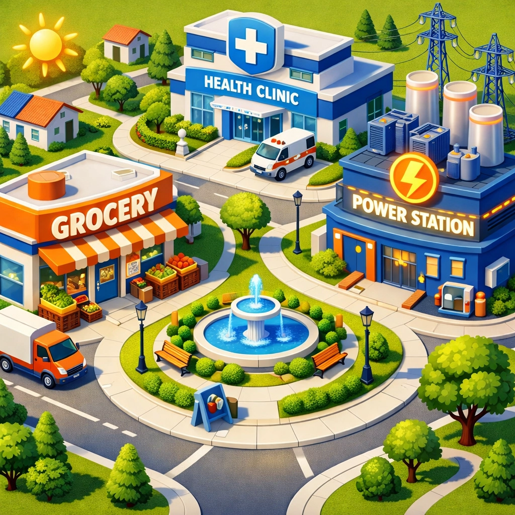 Modern town square with a grocery store and utility station representing stable dividend sectors.