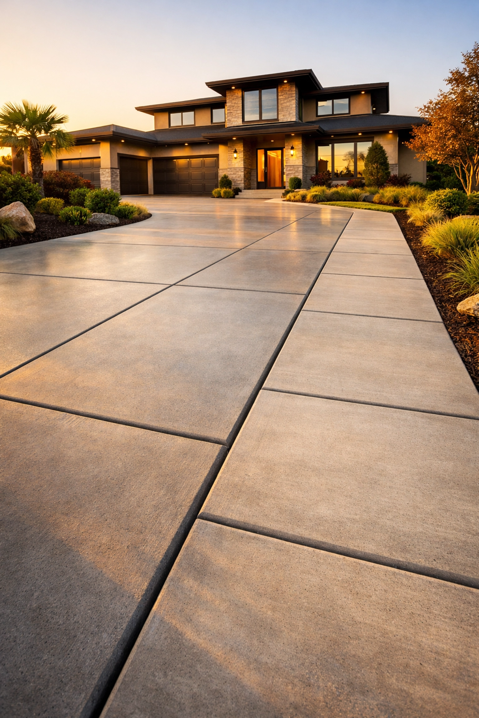 Beautifully finished residential driveway and walkway by an expert concrete contractor near me for enhanced curb appeal.