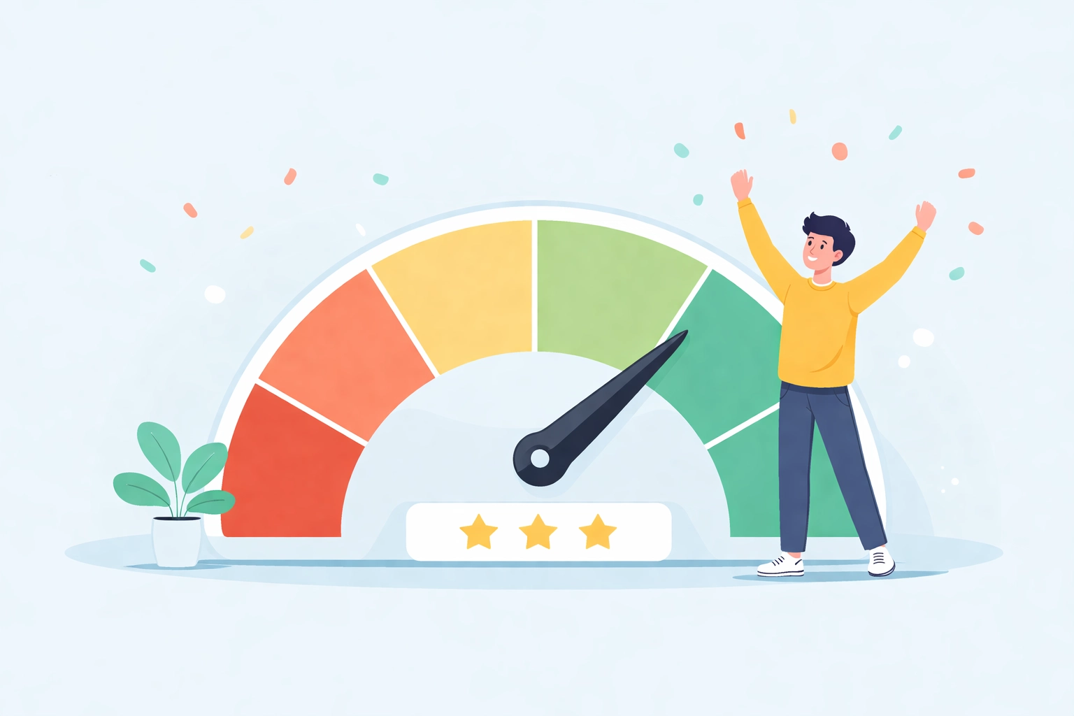 Medidor de score de crédito subiendo hacia zona verde celebrando mejora crediticia