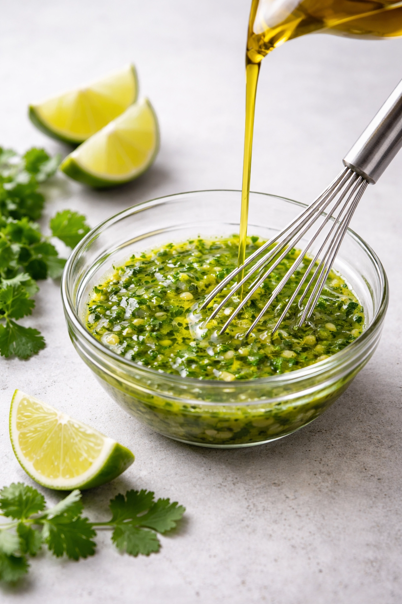 Fresh cilantro-lime dressing being whisked with lime and cilantro, ideal for keto turkey salad