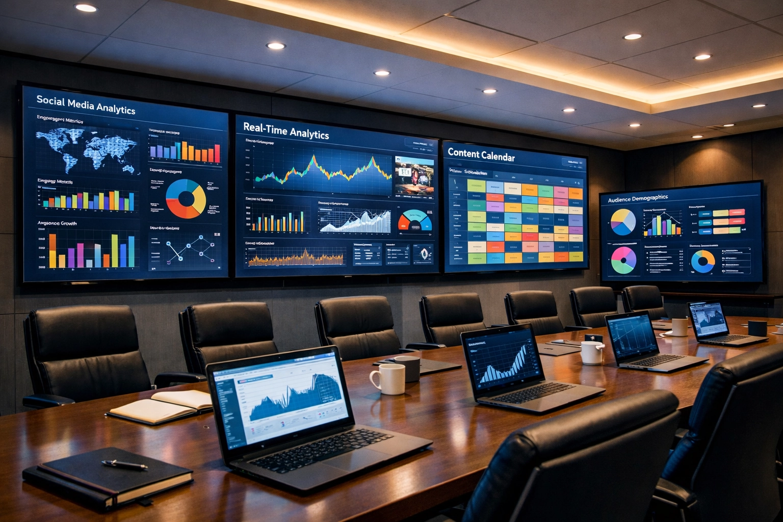 Media holding command center with data dashboards for strategic press release distribution