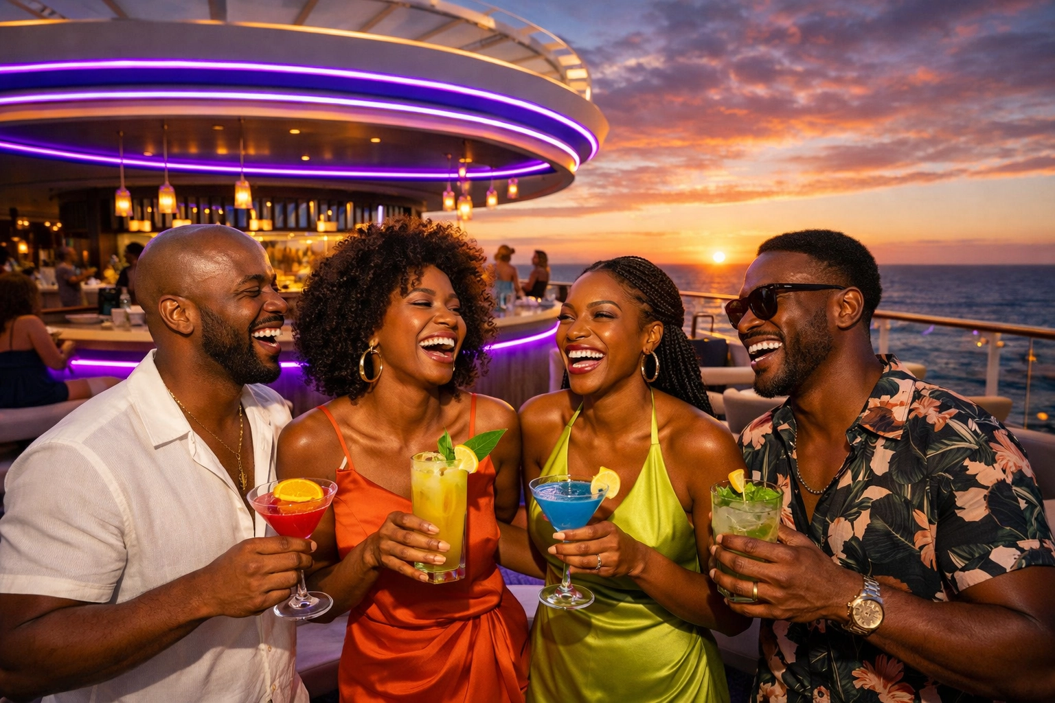 Friends enjoying cocktails at a sunset rooftop bar on an adults-only luxury cruise ship.