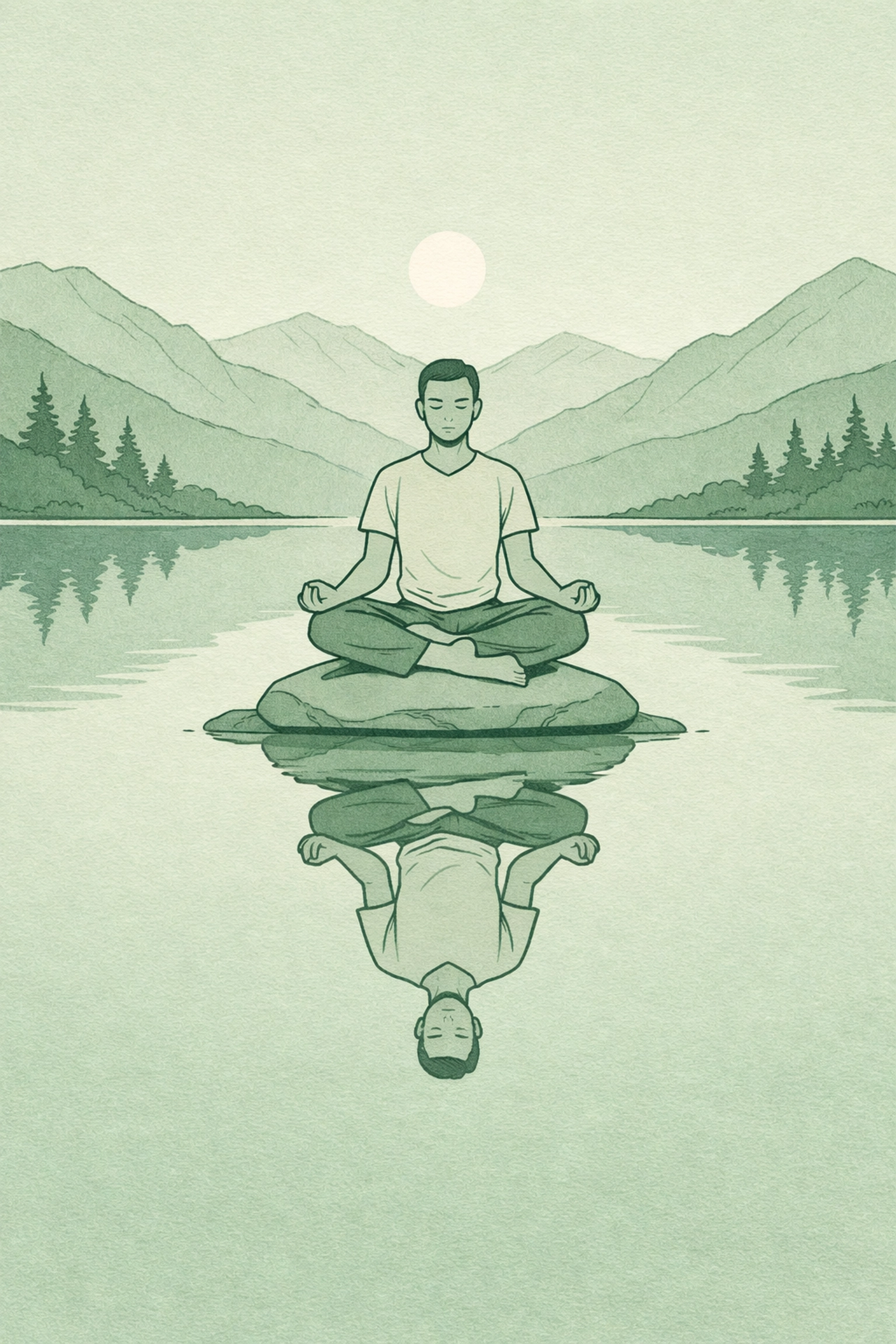 Gay man meditating by mountain lake, reflecting inner peace and self-relationship in queer fiction