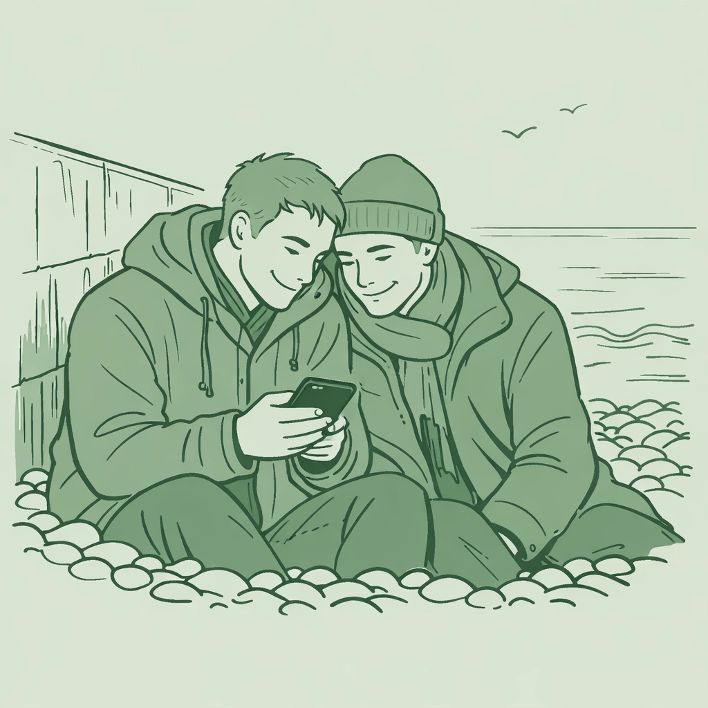 Gay couple sharing intimate moment at Brighton's Black Rock beach discussing MM romance books