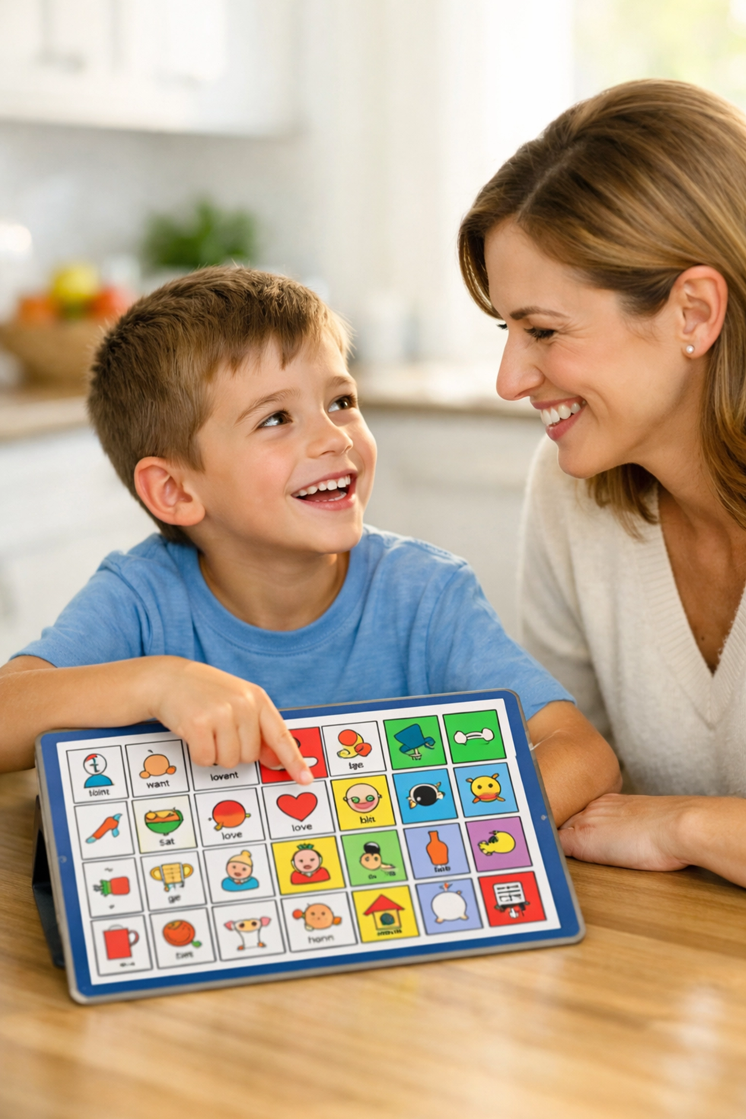Child using a communication board at home, highlighting the value of Georgia autism resources and parent training.