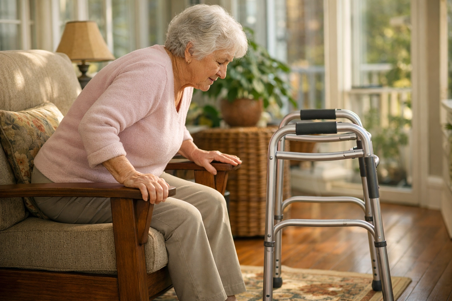 Senior woman safely pushing off chair armrests to stand up before reaching for her walker.