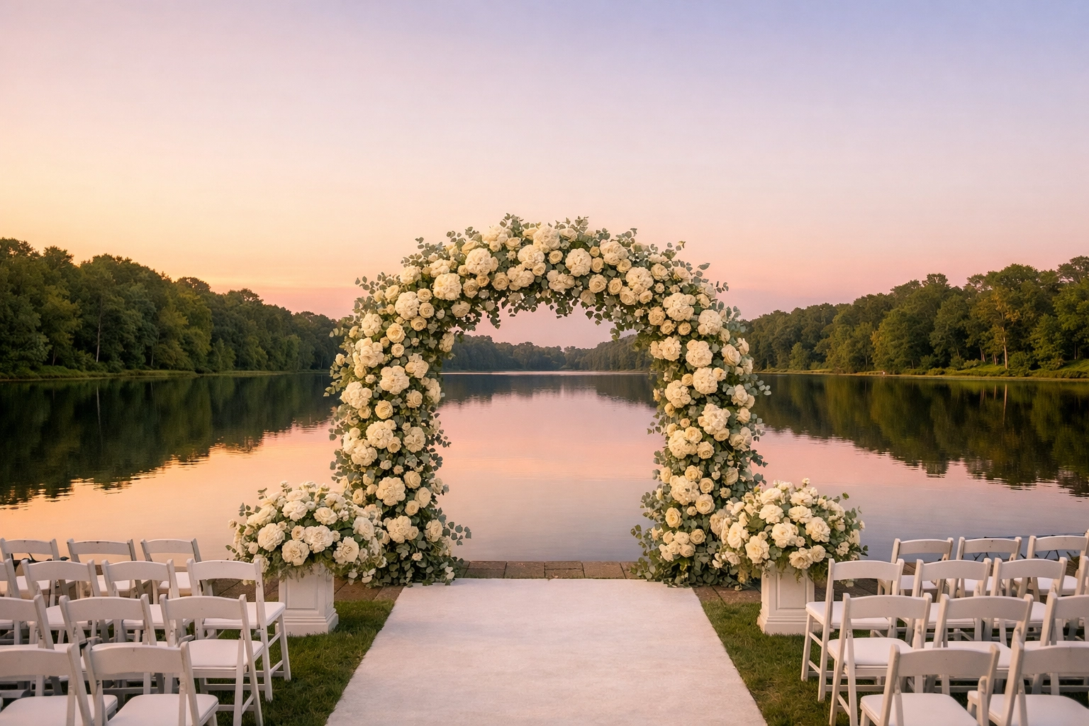 Elegant outdoor wedding ceremony by a lake in South Jersey featuring a floral arch and scenic views.