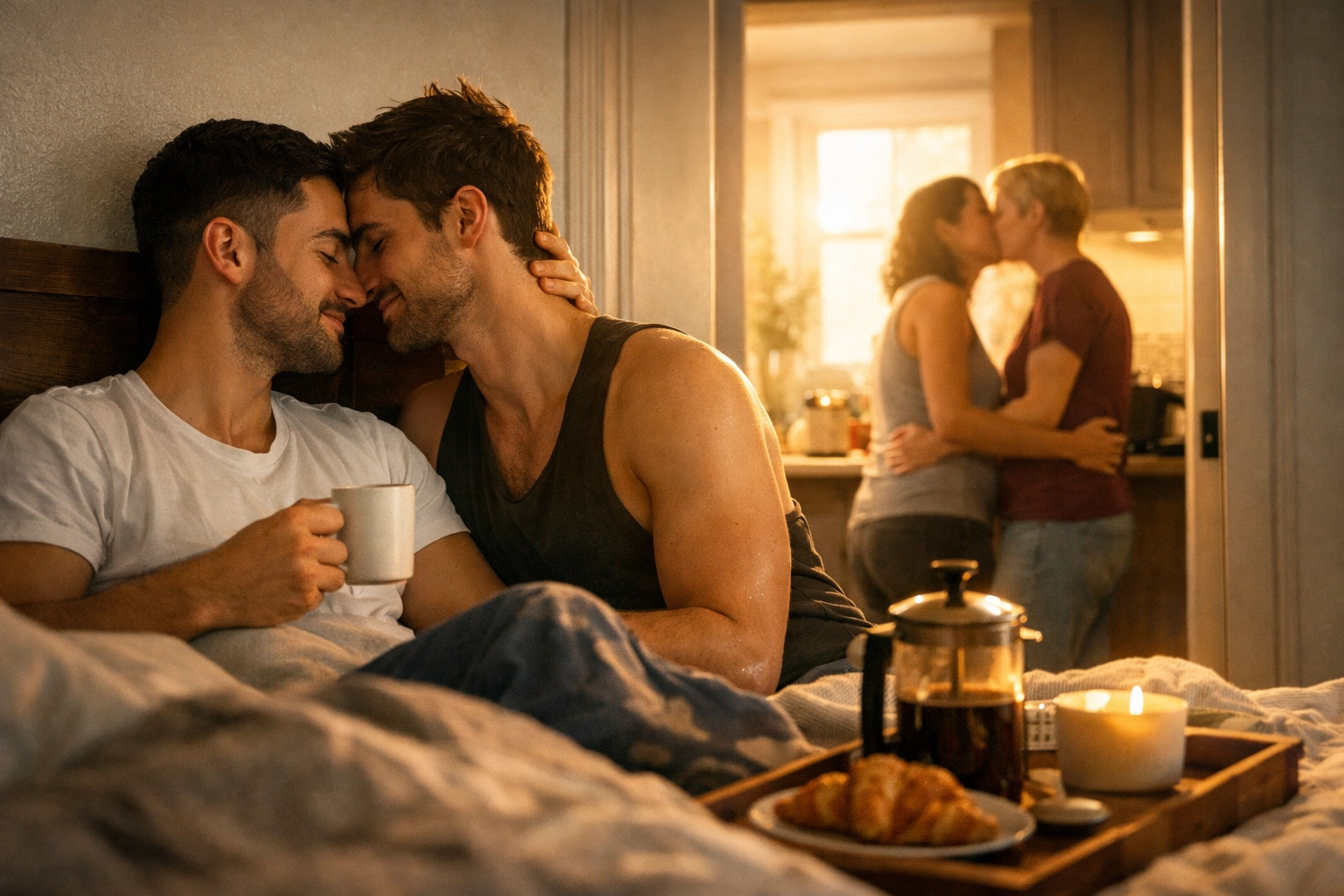 A quiet morning scene showing two coffee mugs side by side on a kitchen counter, steam rising in the soft dawn light streaming through a window, symbolizing intimate domestic life