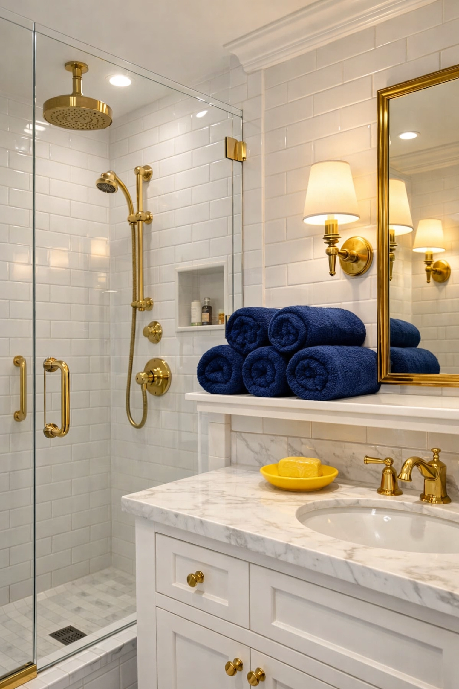 Luxury residential cleaning MA featuring a pristine bathroom with white subway tiles and gold fixtures.