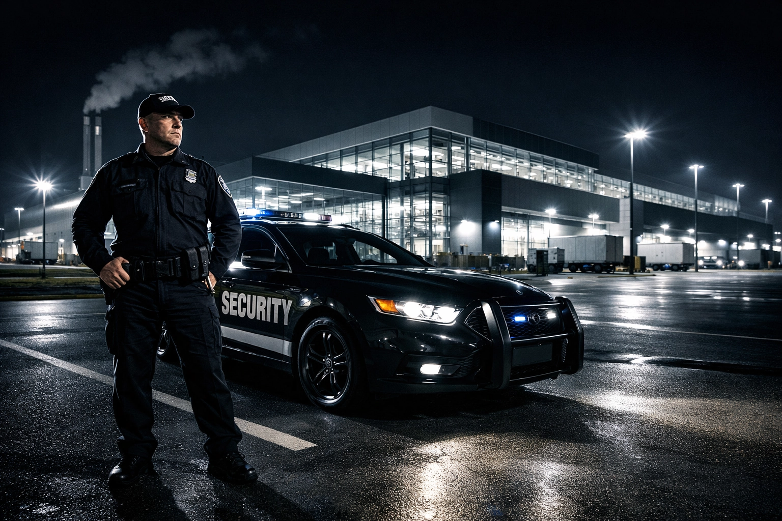 Professional security guard and patrol vehicle protecting a manufacturing facility in Northern Virginia at night.
