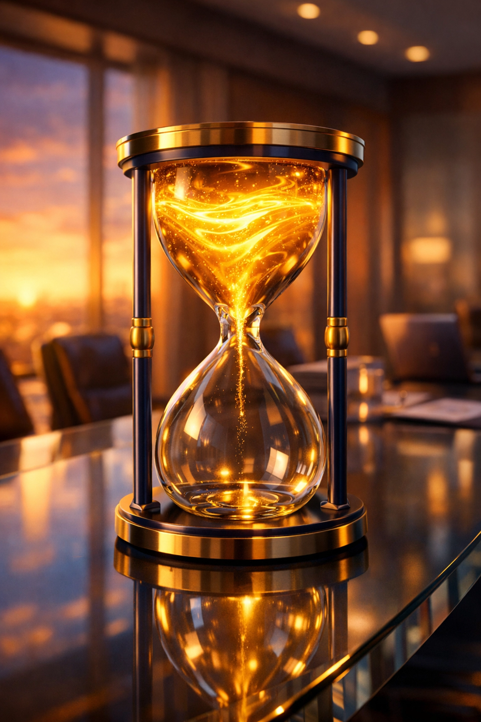 An hourglass on a conference table representing executive energy management and peak performance windows.