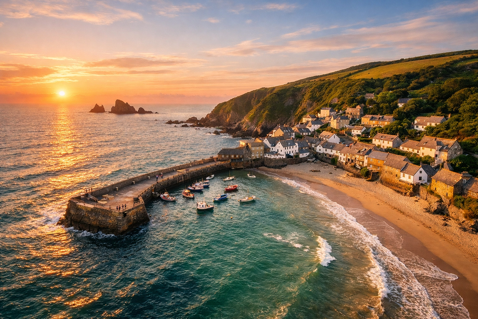 Serene aerial view of Gorran Haven beach and cliffs in Cornwall, a peaceful site for scattering ashes.