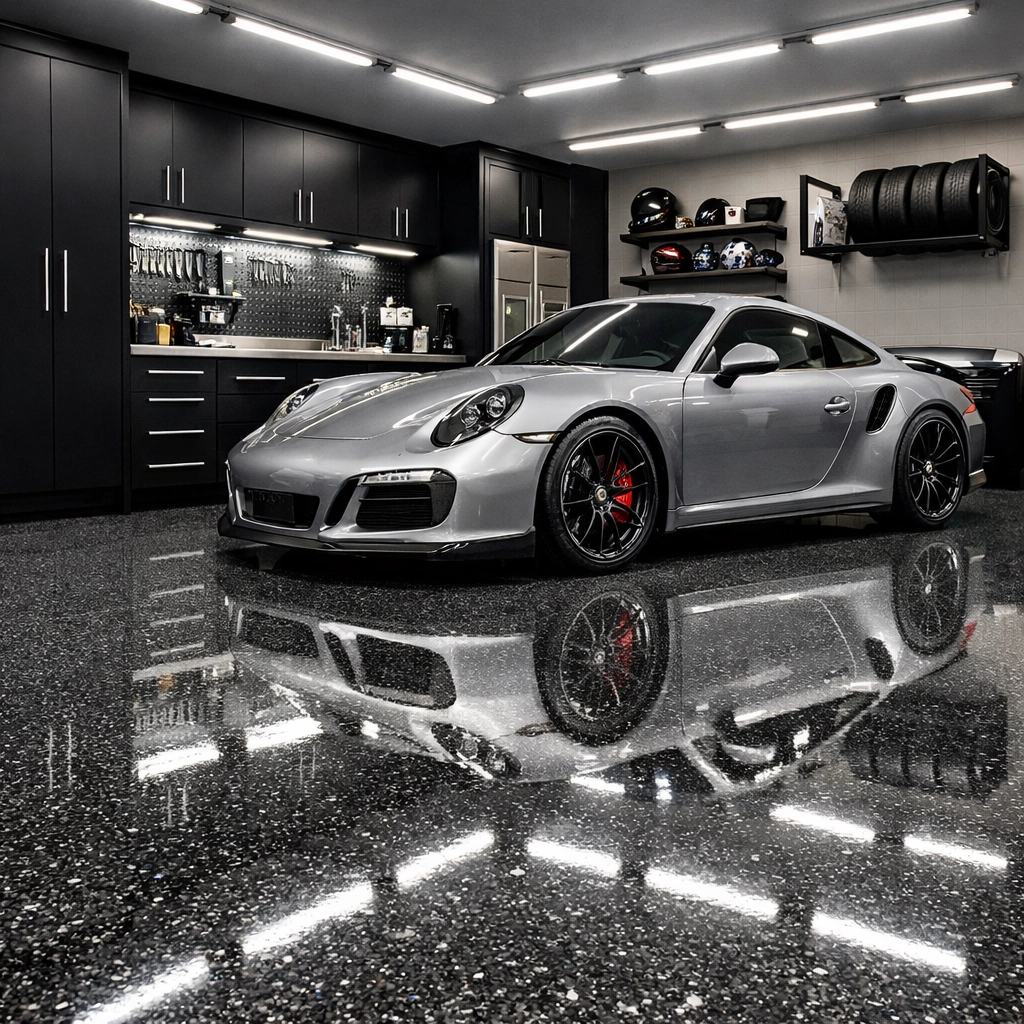 A finished luxury garage in Brandon featuring a durable silver and charcoal polyaspartic flake floor.