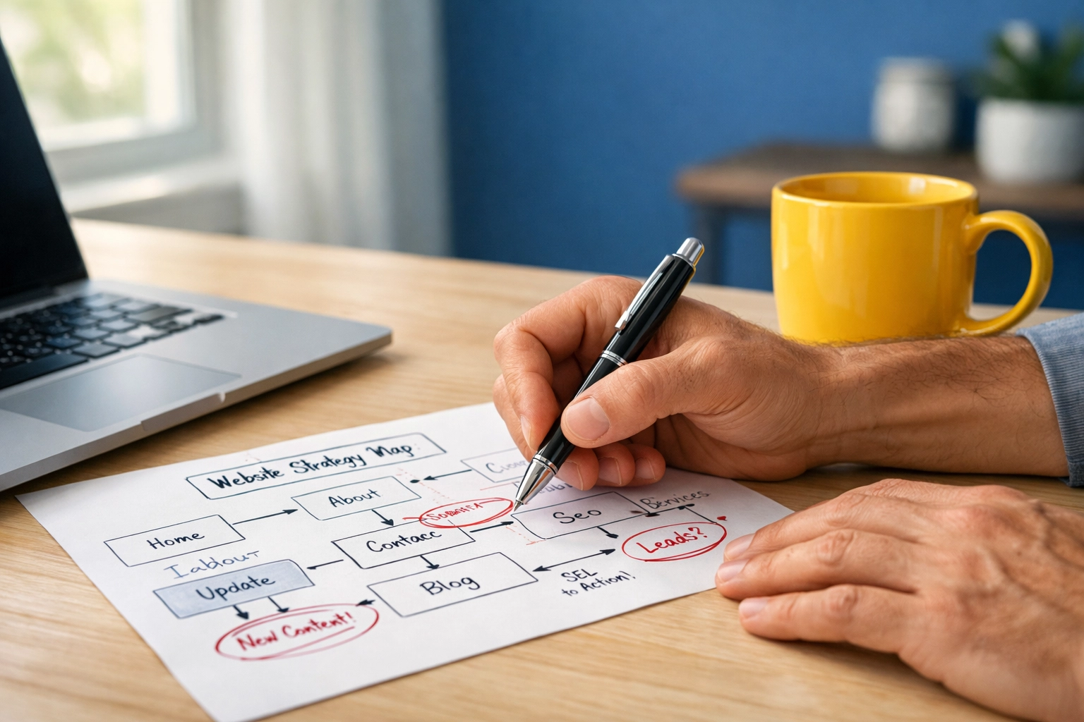 Hands mapping out a website SEO strategy on a desk, representing a human-led approach to digital marketing.