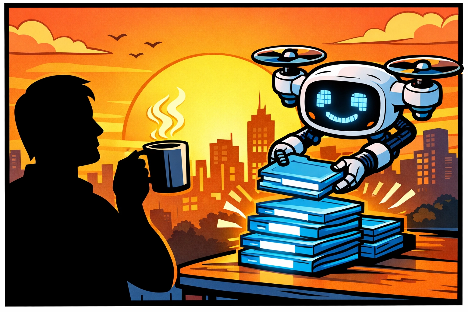 AI virtual assistant organizing digital files to ensure a productive morning for business owners.