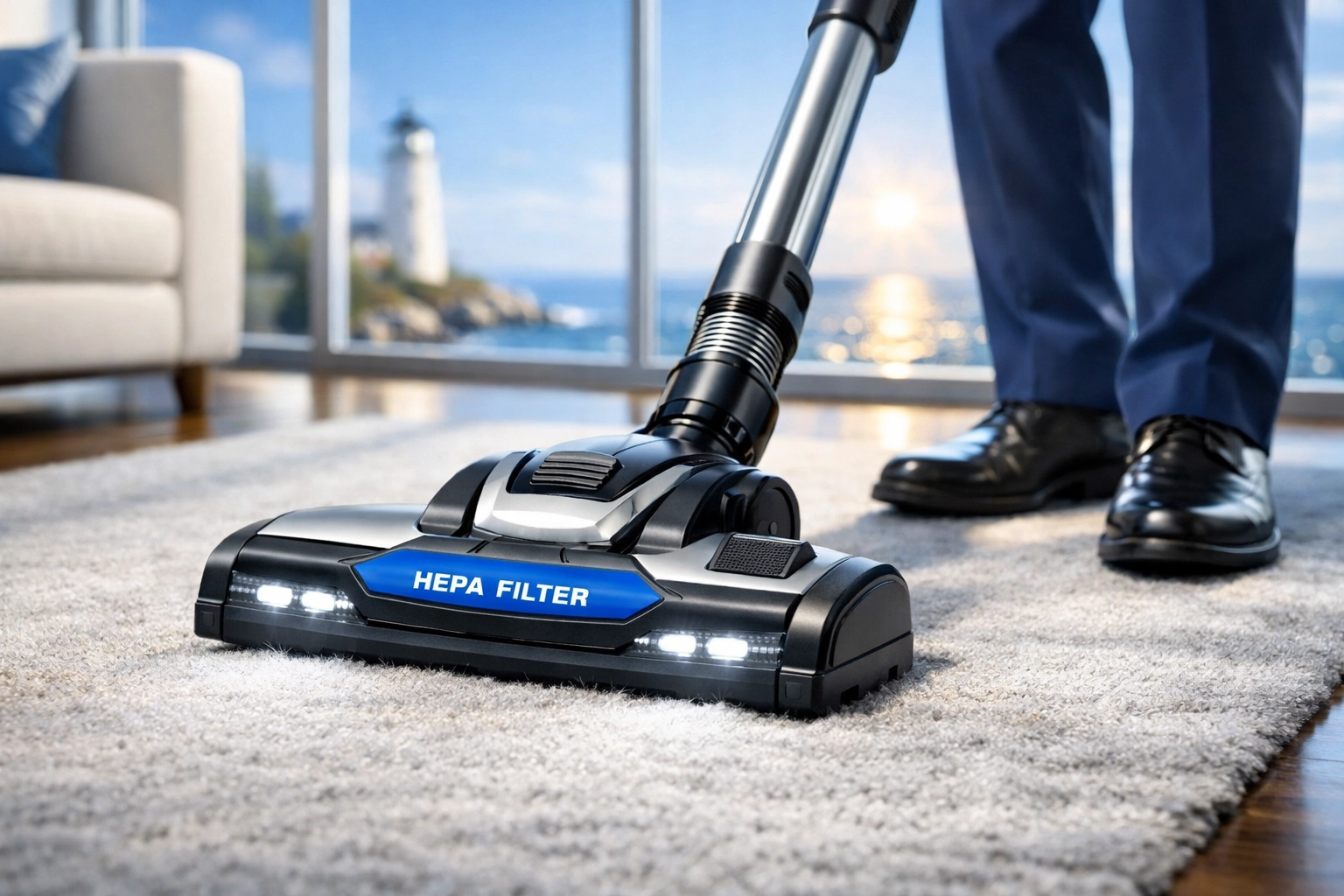Professional Marblehead deep cleaning with a HEPA vacuum in a luxury living room overlooking the ocean.