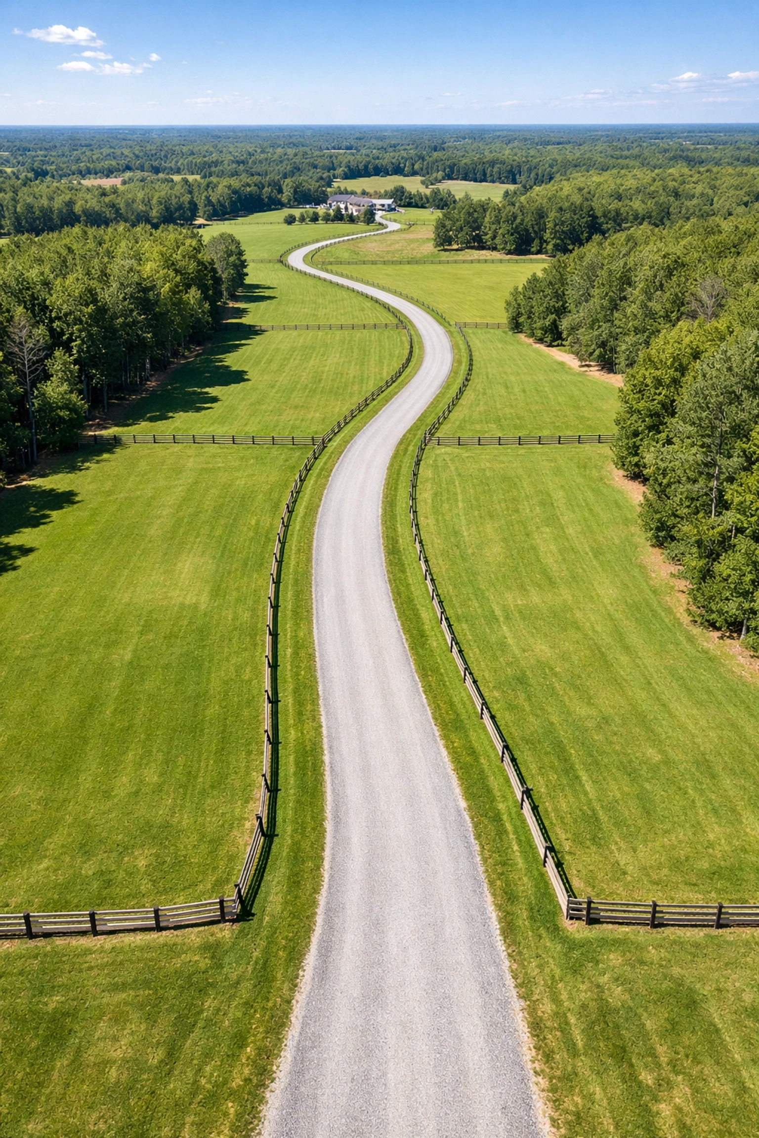 Aerial view of a graded gravel driveway and cleared fencerows on a well-managed Clarkston estate.