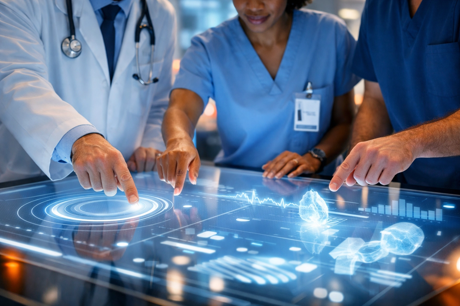 Medical specialists using technology to ensure better patient care through precise staffing matches.