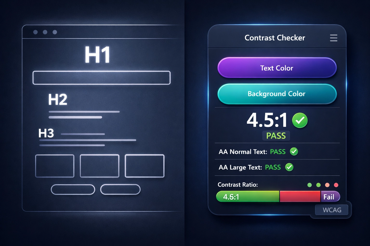 Website heading structure and color contrast checker showing WCAG accessibility standards