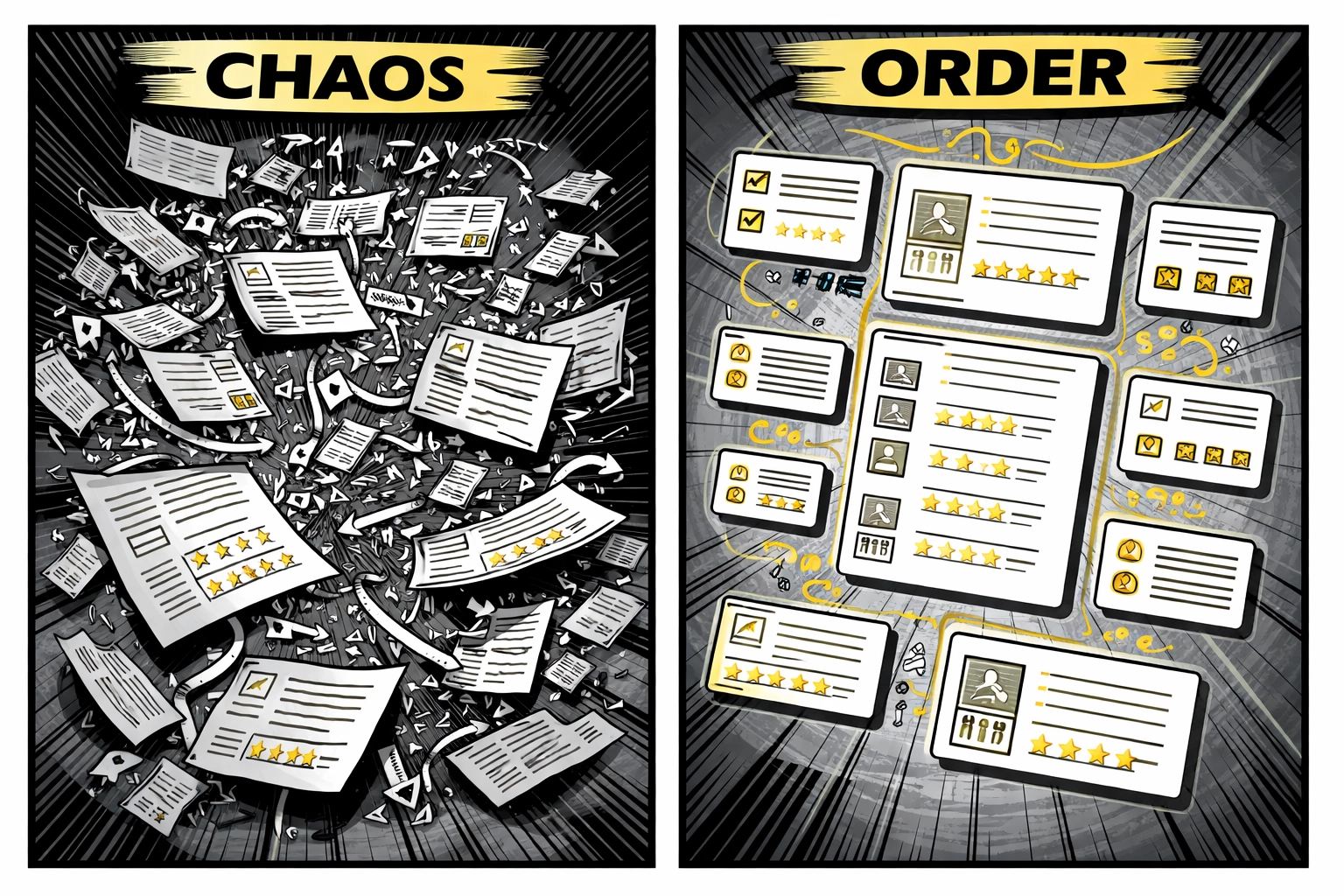 Split-panel showing disorganized vs organized Amazon listings, highlighting the impact of listing structure.