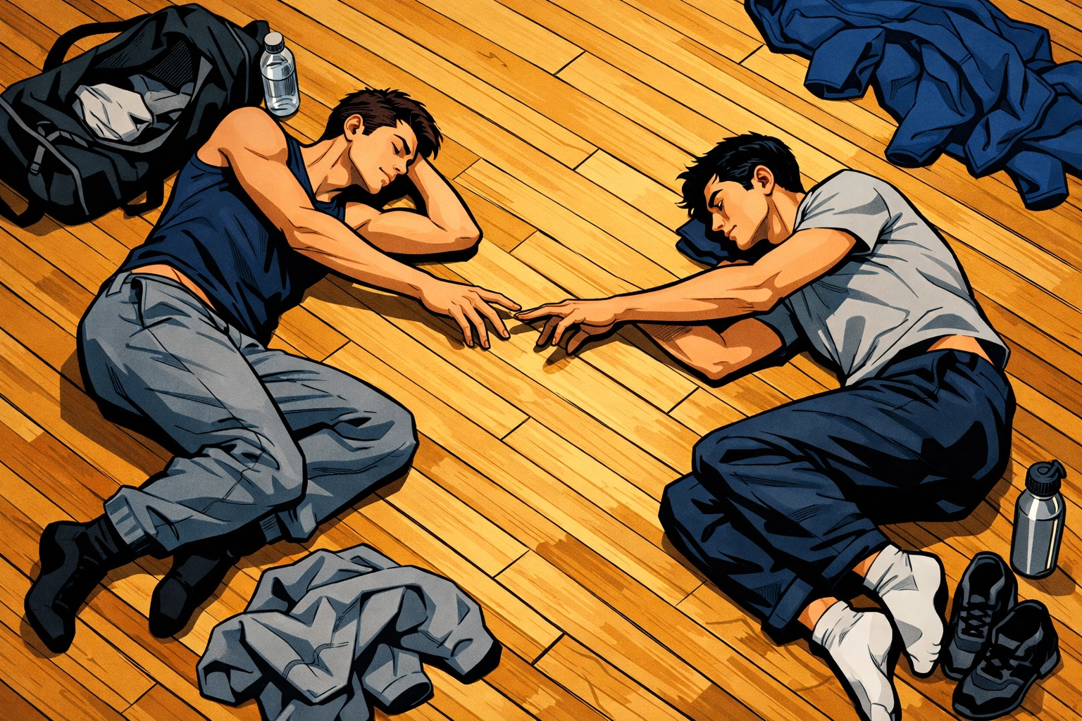 Male dancers resting on studio floor after rehearsal, reaching toward each other