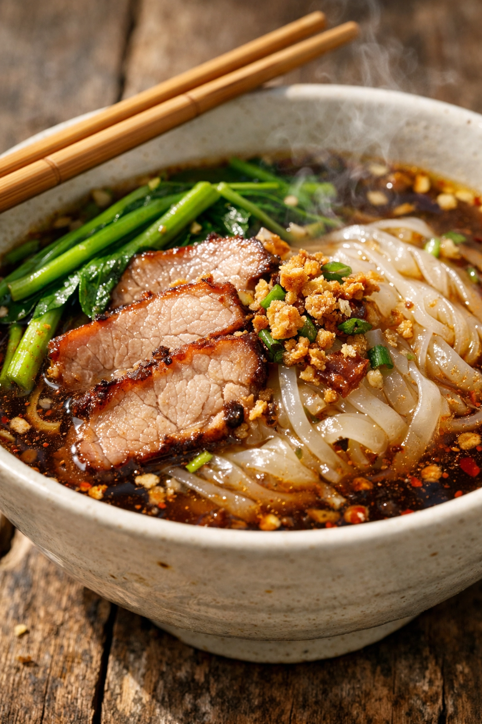 The Ultimate Guide to Bangkok Budget Travel Food: Everything You Need to Eat Like a Local 3 Close-up of authentic Thai noodle soup with pork, a popular budget travel food in Bangkok.