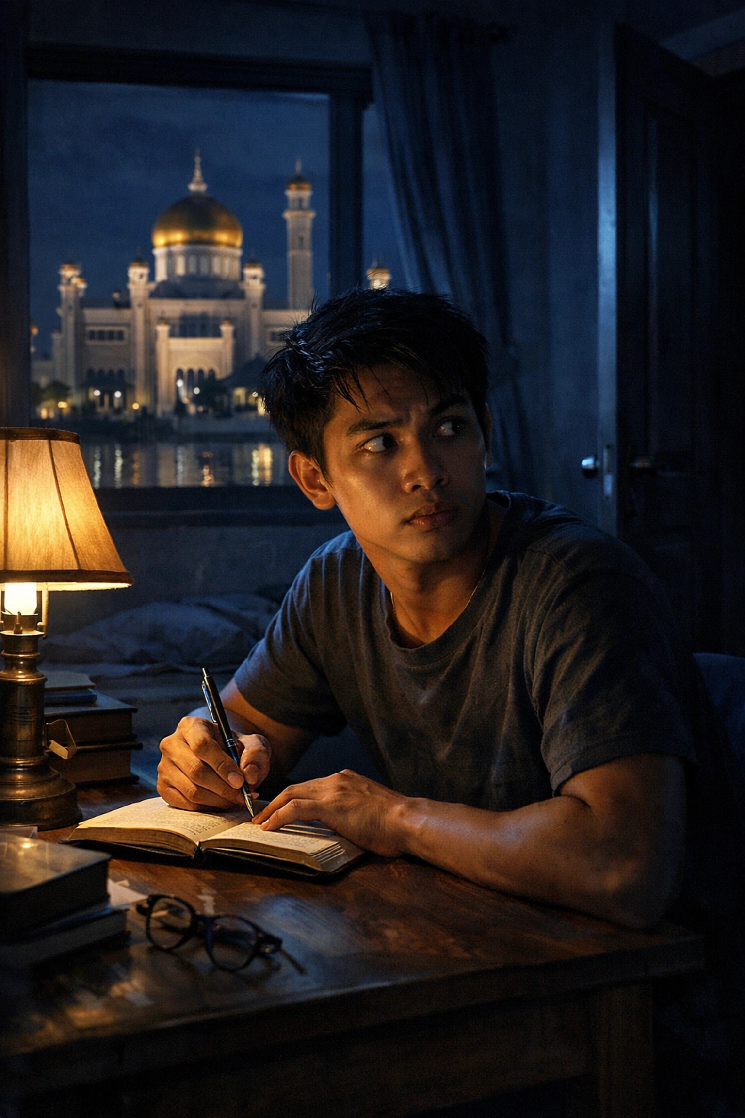 Gay student in Brunei writing secret journal under lamplight, facing persecution and death penalty